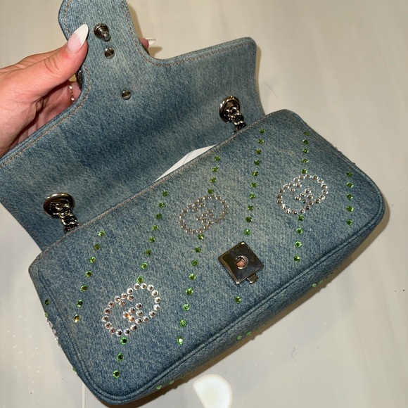 Gucci Denim Crystal Applique Small GG Marmont Shoulder Bag Blue - Picture 5 of 7
